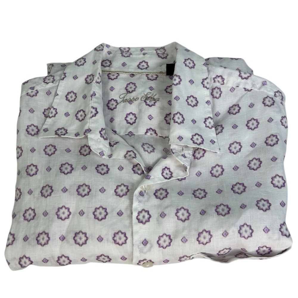 Tasso Elba Linen White Purple Floral Button Short Sleeve Shirt Vacation Medium